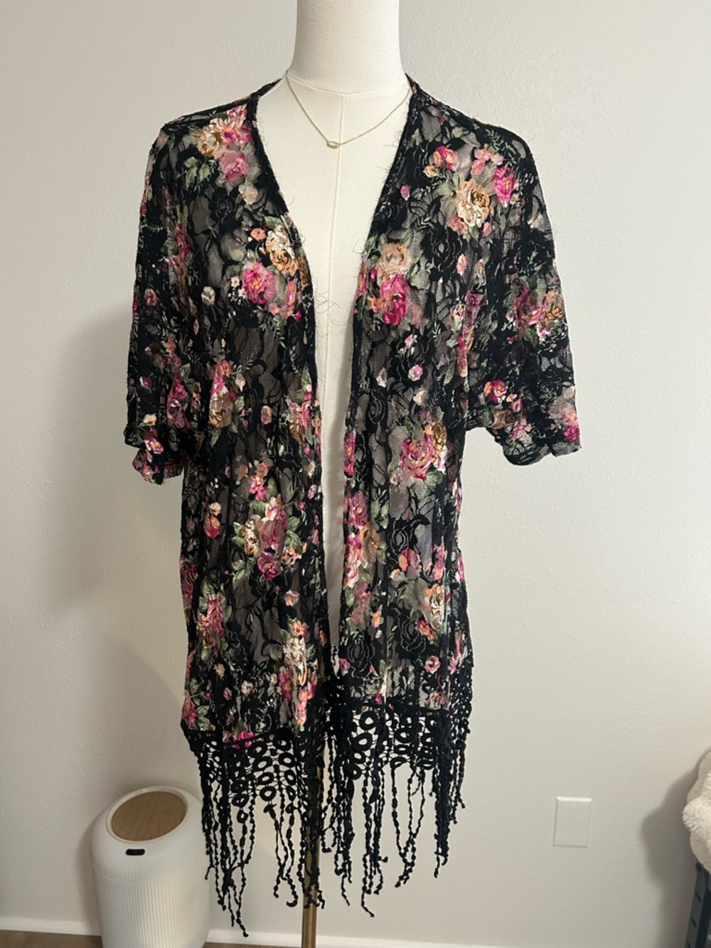 Sweet Rain Black Floral Lace Cover-Up with Pink Accents